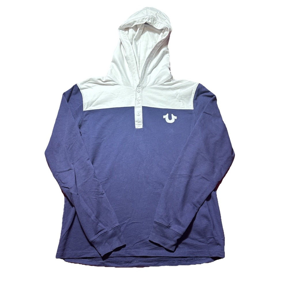 True Religion Hoodie Mens Medium Blue White Color Block 1/4 Button Up Sweater